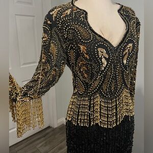 Vintage Y2K Silk Sequin FRINGE Beaded Long Sleeve Maxi Dress